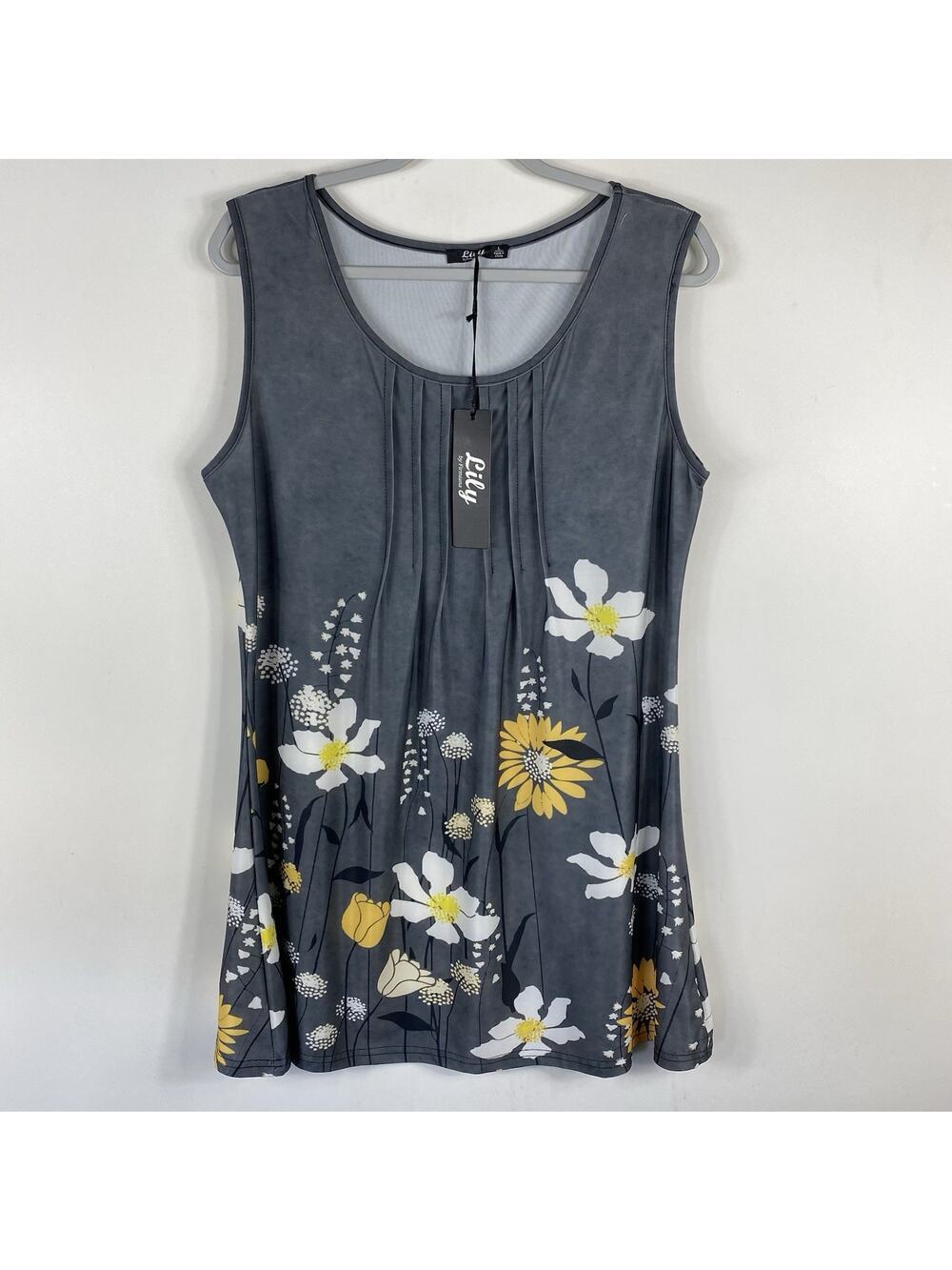 Lily By Firmiana Tank Top Large Gray Floral Flower Print Sleeveless Tunic